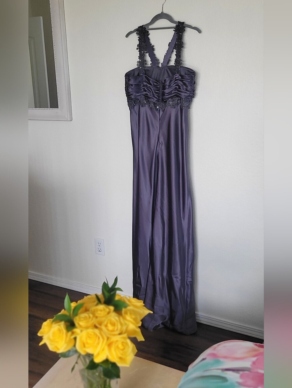 Morgan And Co - Sleek Pewter Gray Satin Evening Gown with Embellished Straps
